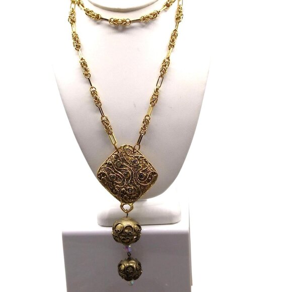 Vintage Etruscan Style Statement Necklace with Byzantine Chain and Crystal Accen - Picture 3 of 9